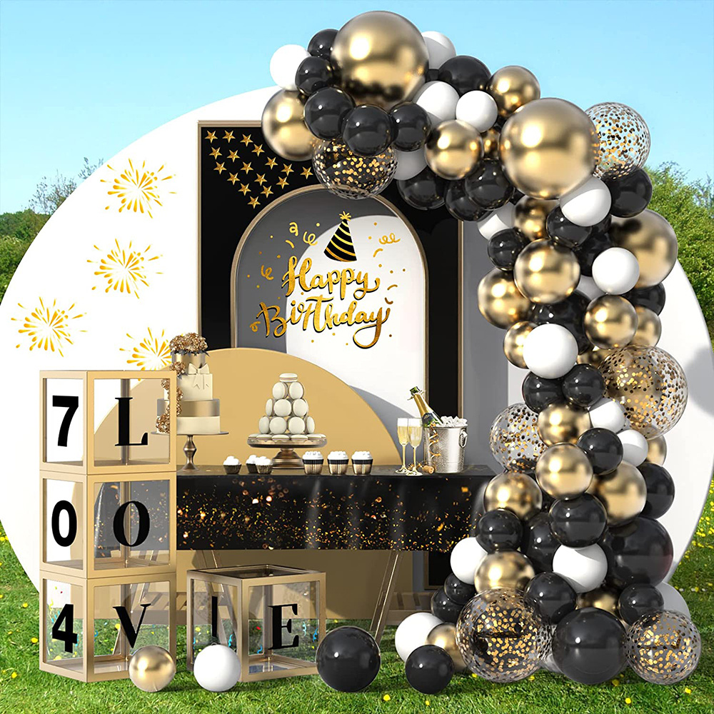 Decoraciones de cumpleaños negras y doradas, decoraciones de feliz  cumpleaños para hombres con kit de arco de globos, cortinas de flecos de  papel de