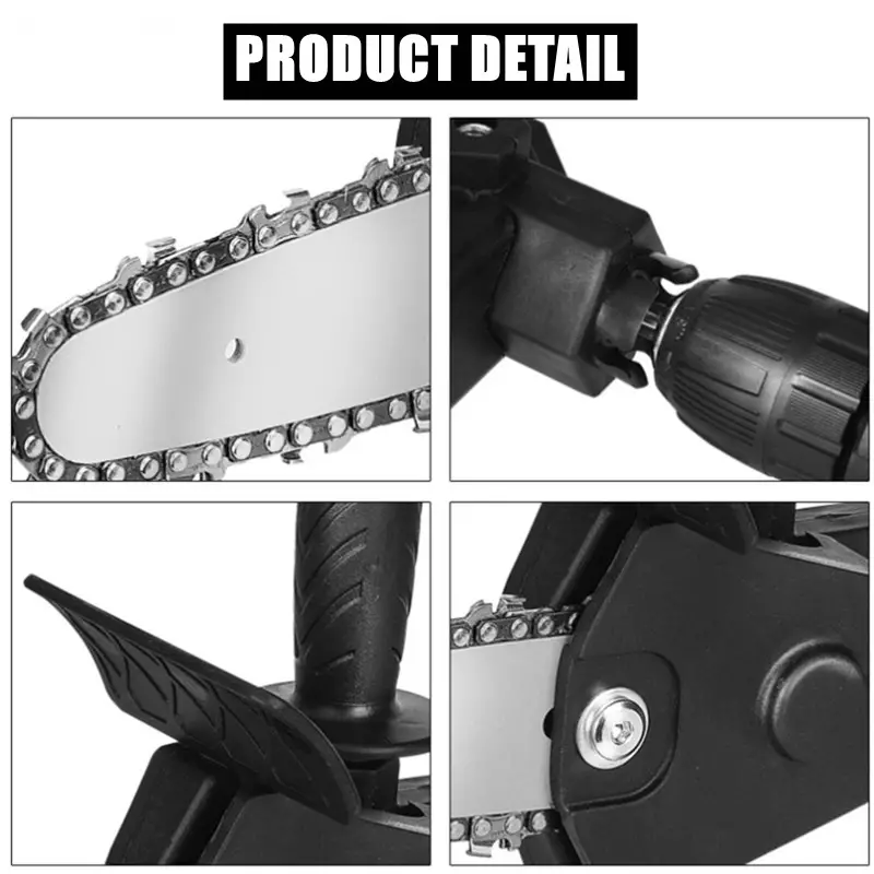 1 set electric drill converter into electric chain saw portable pruning saw 4 inch chainsaw bracket with spare chain details 7