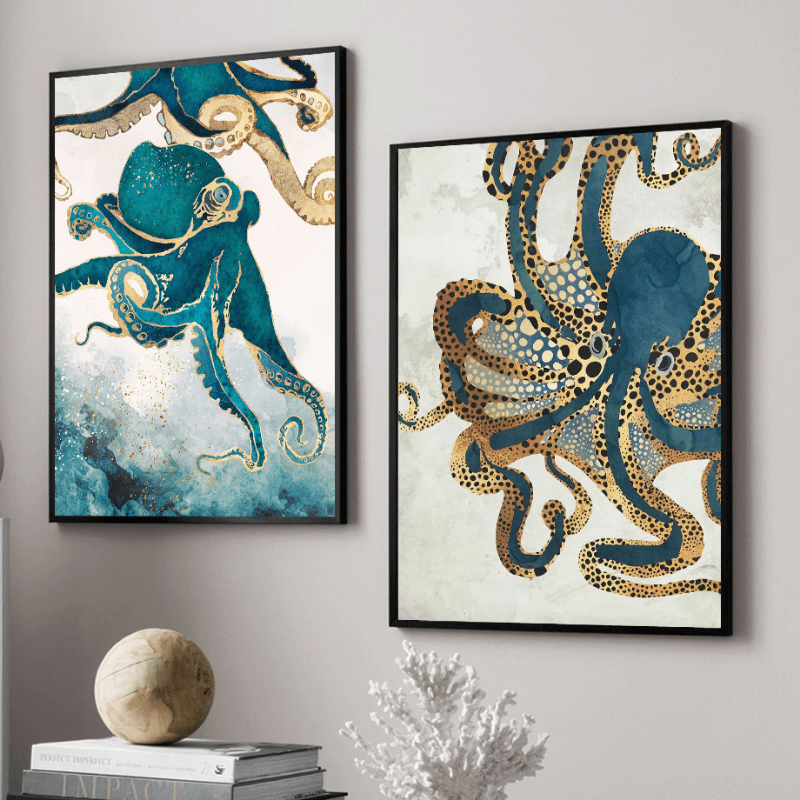 2個の抽象タコ高級油絵 海洋動物ポスターと写真ウォールアート