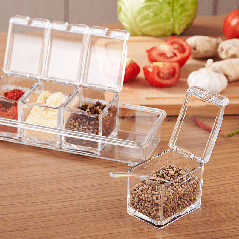 1pc 4 Compartments Clear Seasoning Box Multi-Grid Spice Storage Container  storage Tool for Kitchen Herb Spice Tools Gadgets