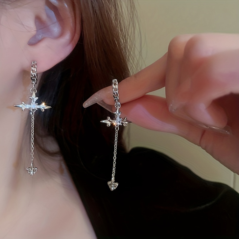 Sparkly Silver Ear Cuff Chain Cross Earrings With Long Chain 