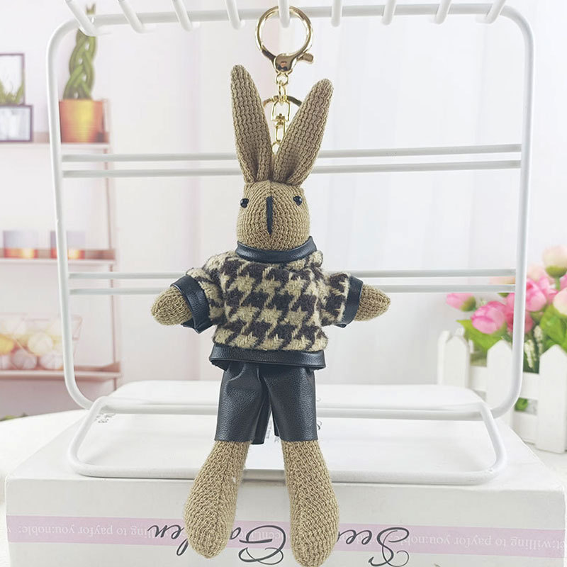 Creative Houndstooth Fashion Bunny Doll Key Chain Cute Temperament Rabbit  Plush Doll Woman Bag Pendant Gift Keychain Charms