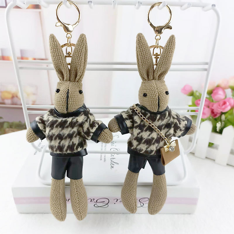 Creative Houndstooth Fashion Bunny Doll Key Chain Cute Temperament Rabbit  Plush Doll Woman Bag Pendant Gift Keychain Charms