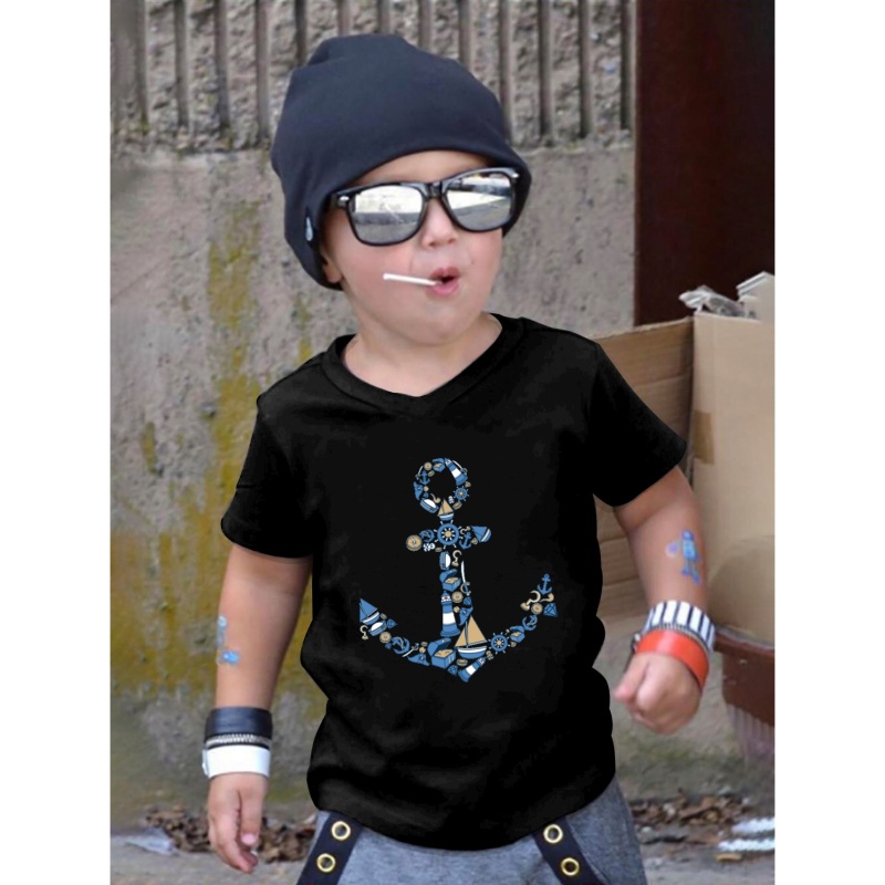 

Anchor Print Boys Creative T-shirt, Casual Lightweight Comfy Short Sleeve Tee Tops, Kids Clothings For Summer