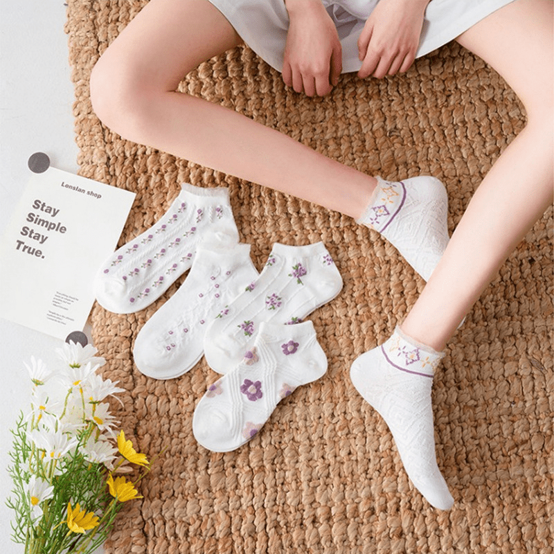 5 pares de calcetines blancos lindos Kawaii Bear de algodón al tobillo  calcetines coqueta floral Cottagacore calcetines preparados a la moda