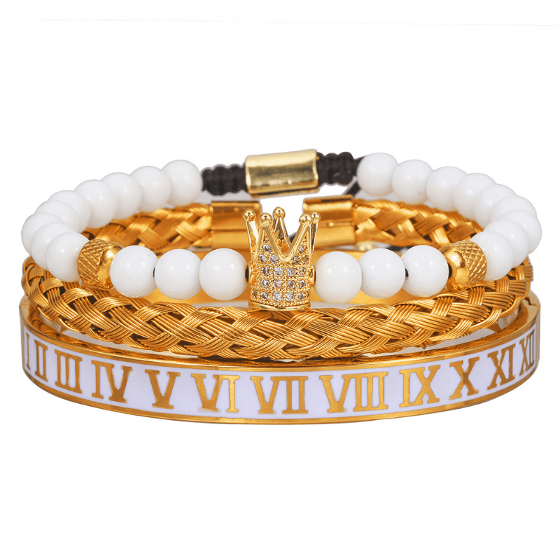 Luxury Mens Stainless Steel Crown Bracelet Set in Gold