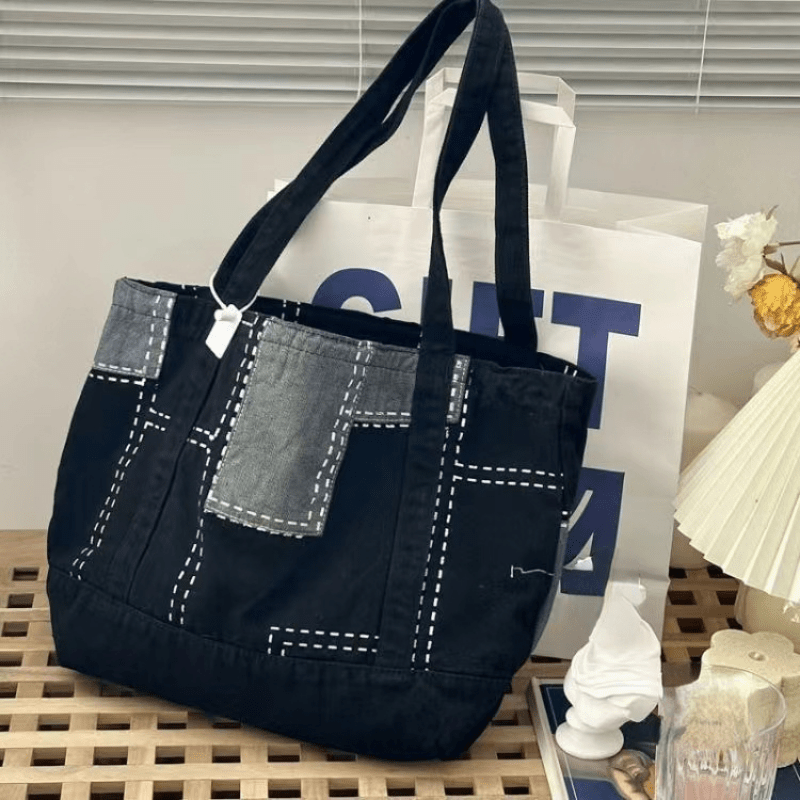 Vintage Denim Patchwork Shoulder Tote