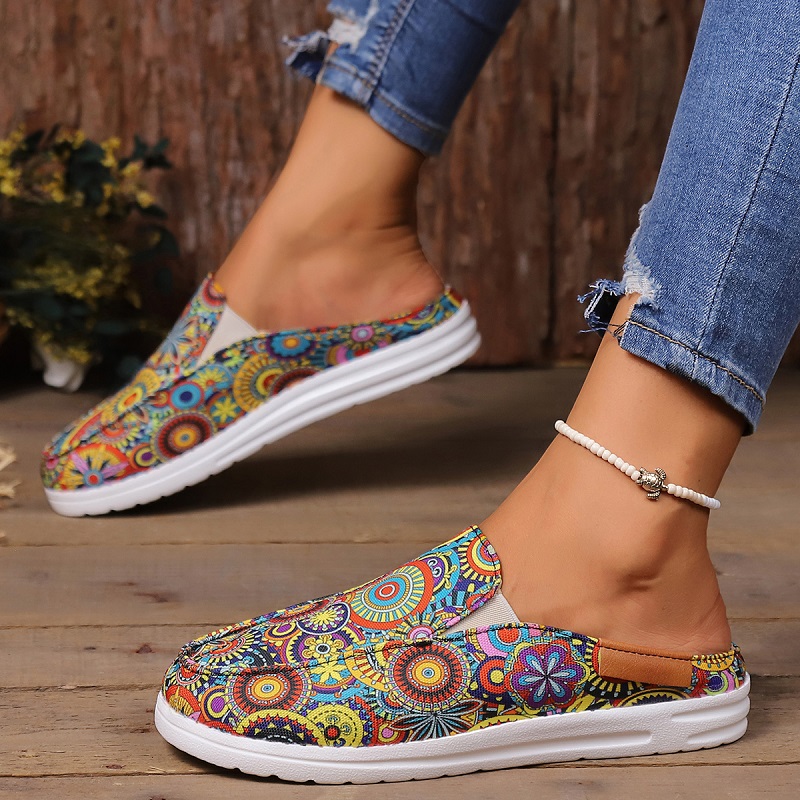 Women's Floral Print Flat Mules Casual Round Toe Slip Canvas - Temu