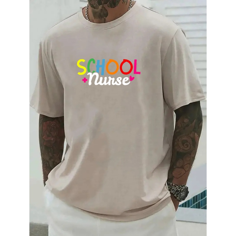 

school Nurse" Pattern Print Men's Comfy Chic T-shirt, Graphic Tee Men's Summer Outdoor Clothes, Men's Clothing, Tops For Men, Gift For Men