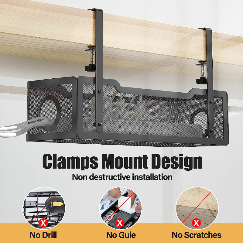 Under Desk Cable Management Tray - No-Drill Clamp Mount Steel Cord