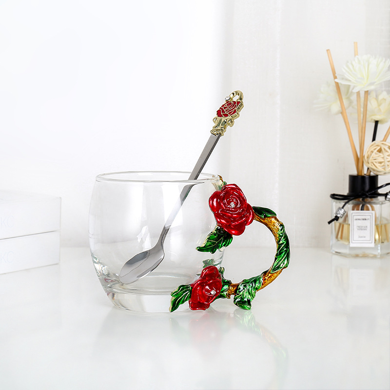 Rose Enamel Crystal Tea Cup With Spoon Elegant Clear Glass - Temu