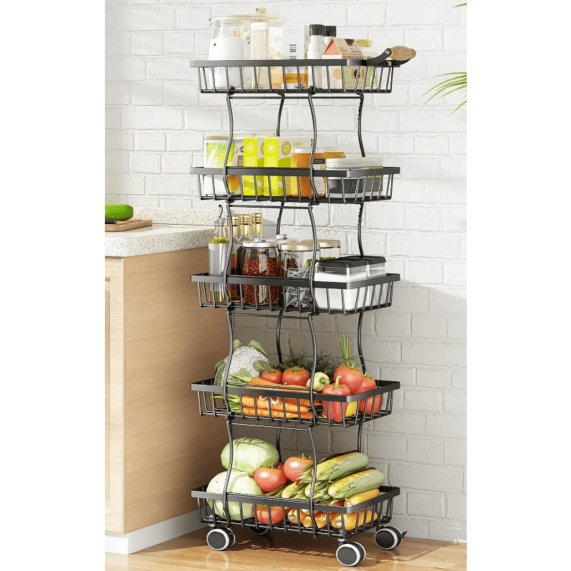 Fruit Basket for Kitchen with Wood Top 5 Tier, SAYZH Stackable