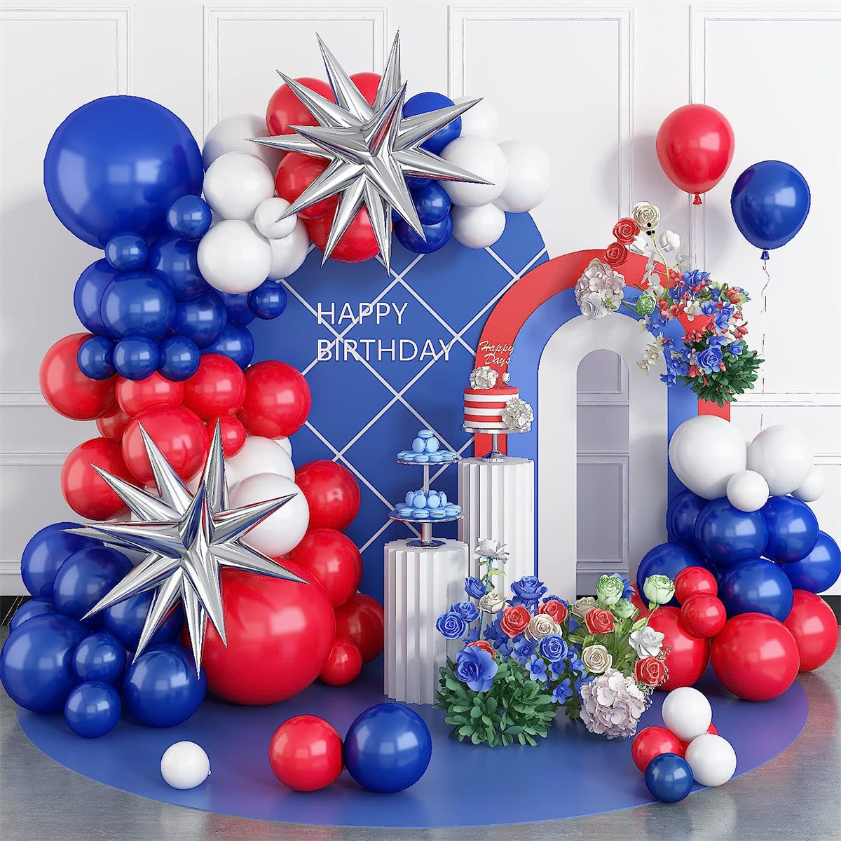 Ballon Rond - Joyeux Anniversaire Bleu Marine avec étoiles et confettis