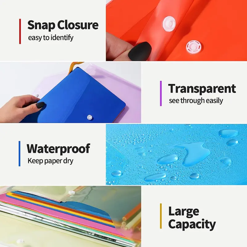 1pcs Plastic Envelopes Premium Quality Clear Document Folders Transparent  Project Envelope Folders With Snap Button Closure