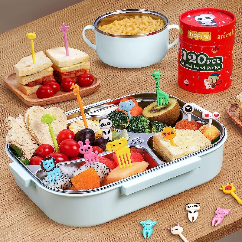 Bento Lunch Box for Kids Girls Boys,4 Compartment Bento Box Adult Lunch Box  Containers,Kids Lunch Box with Fun Accessories Silicone Food Cake Cups,  Cute Food Picks for Kids,Sauce Container, Utensils,Easy to Clean