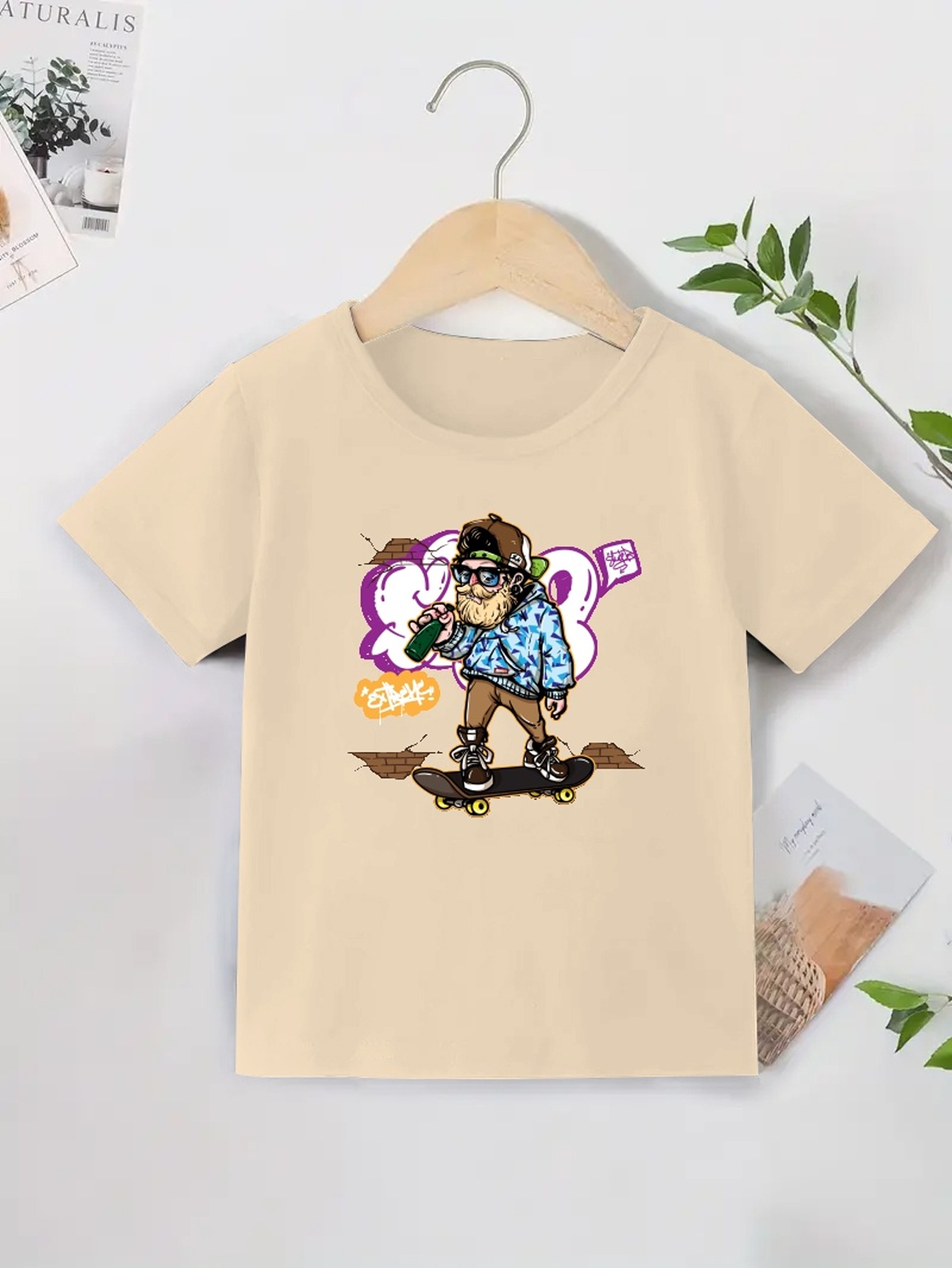 Temu Golden Fish And Cool Old Man Print Boys Creative T-Shirt, Casual Lightweight Comfy Short Sleeve Tee Tops, Kids Clothings For Summer