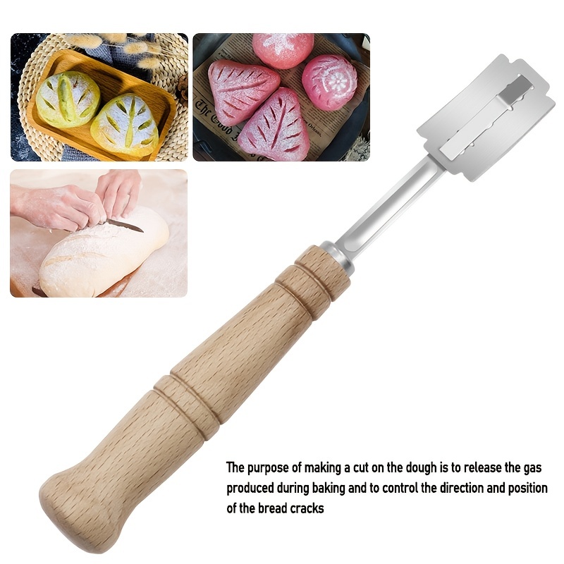 1pc Stainless Steel Bread Lame Dough Scoring Tool With Wooden Handle,  Curved Bread Cutting Razor