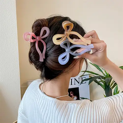 1pc Plastic Hair Claw Clip With 13cm Pink Ribbon Bowknot For Women's Daily  Use