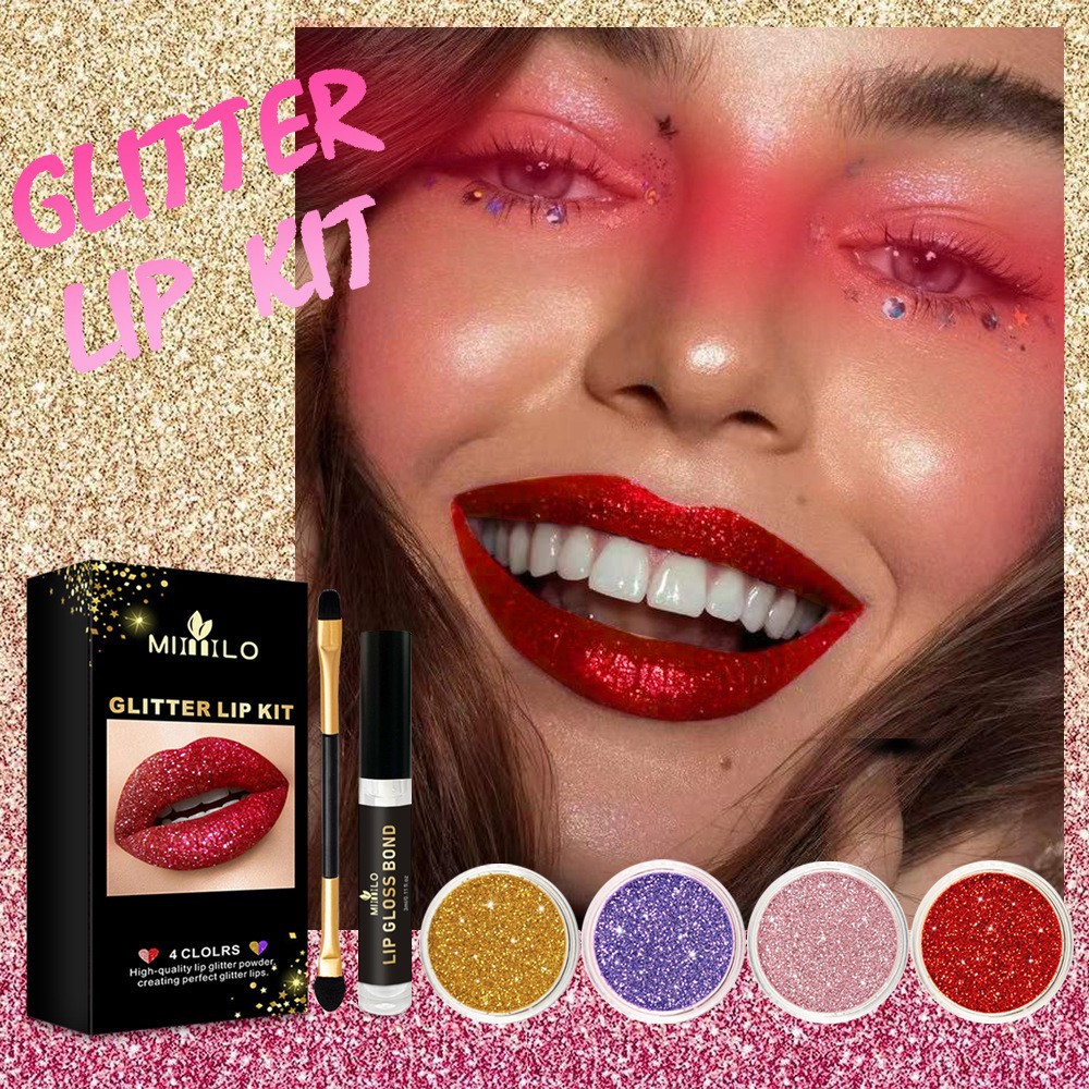 complete bright red glitter lip kit - comes with glitter lip brush, &  makeup remover