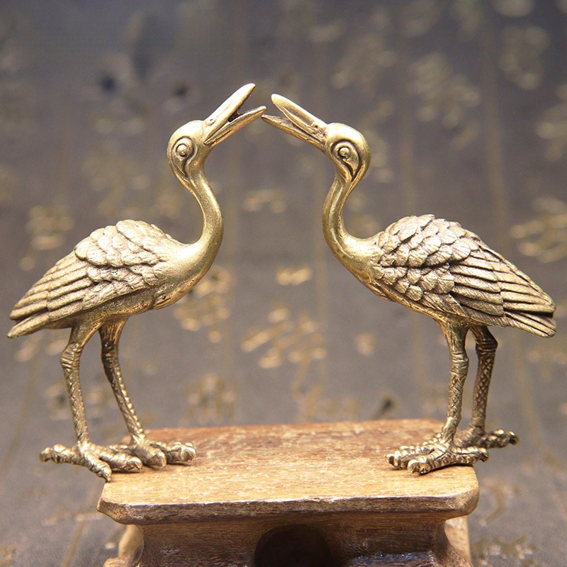 Animal Crane Sculpture, Solid Copper Chinese Feng Shui Small