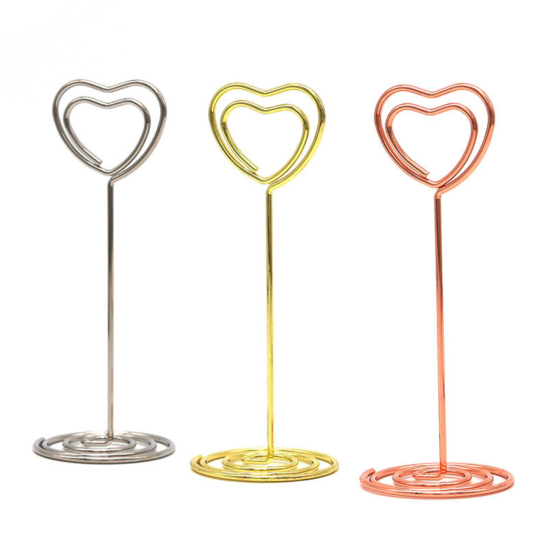 10pcs Romantic Heart Photo Clips Metal Rose Golden Silvery Place Memo Card  Holder Table Number Stand Wedding Desktop Decor Supplies