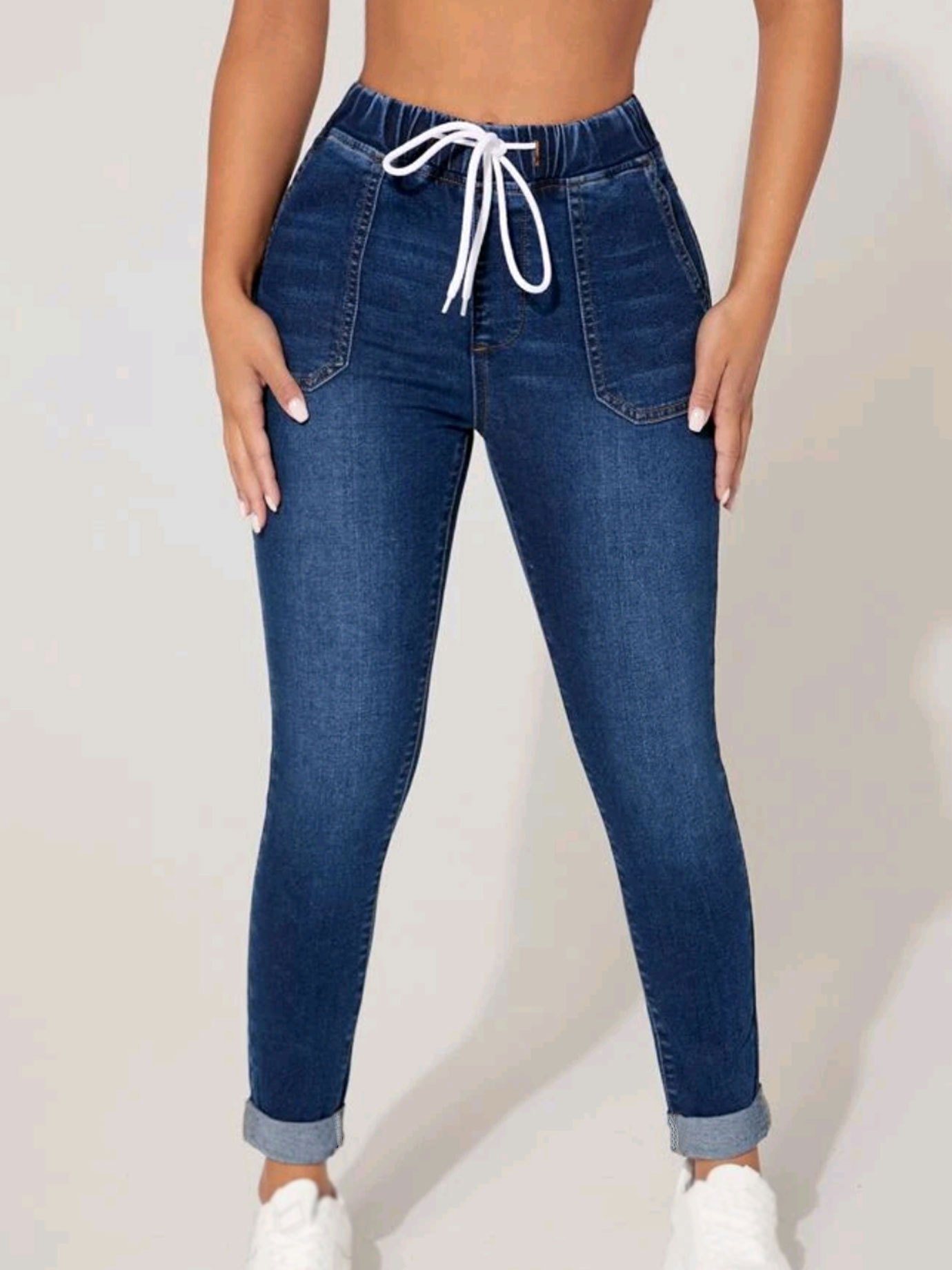 Jeans feminino de cintura alta cor sólida bolsos altos - Temu Portugal