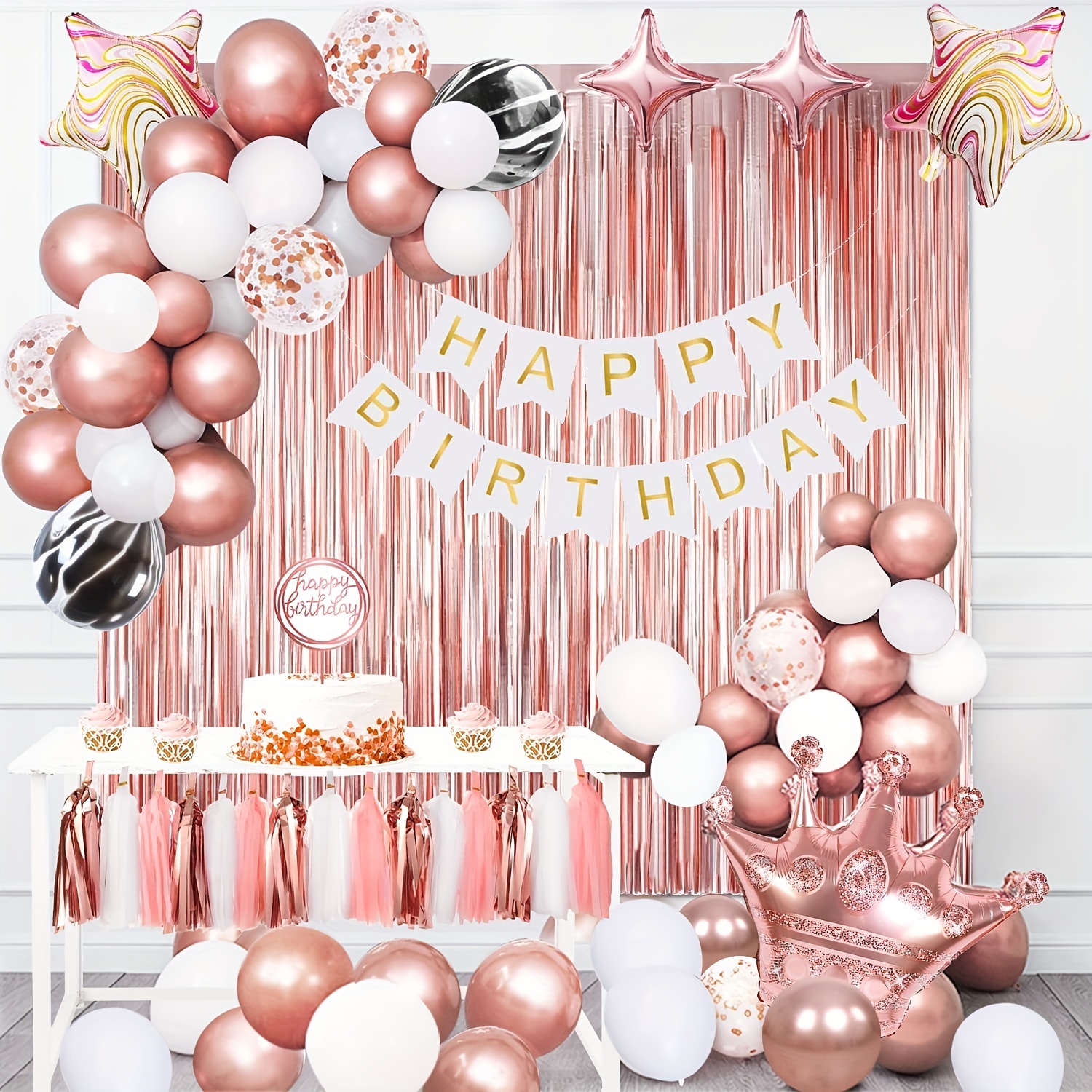 Banner Black, Gold Solid Happy Birthday With Balloons And Curtain Fringe  For Birthday Party Decoration (Set Of 33)