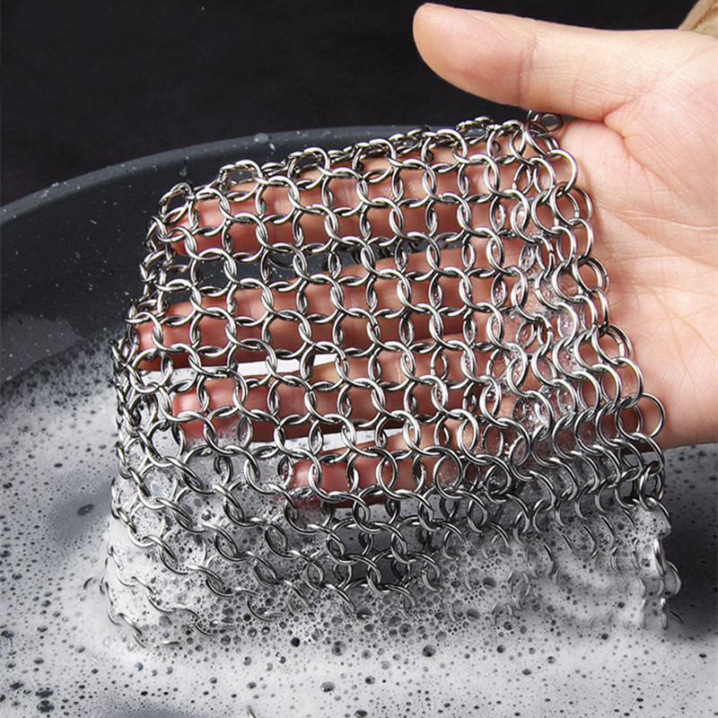 Cast Iron Cleaning Tool Mesh Silver Chain Scrubber Washable For Cabinets  For