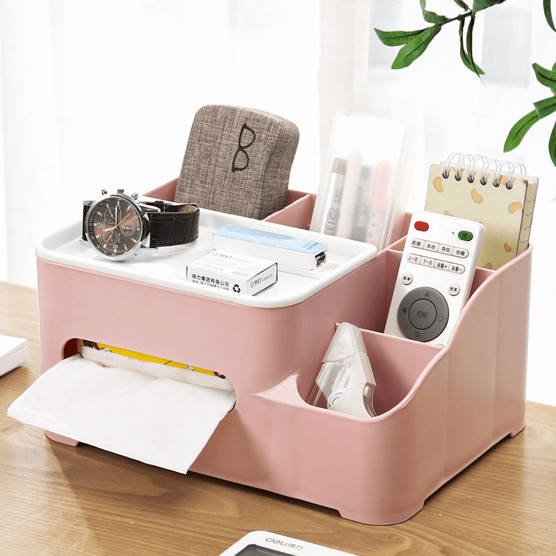 1pc Pink Nordic Style Desktop Tissue Box With Phone Holder, Remote