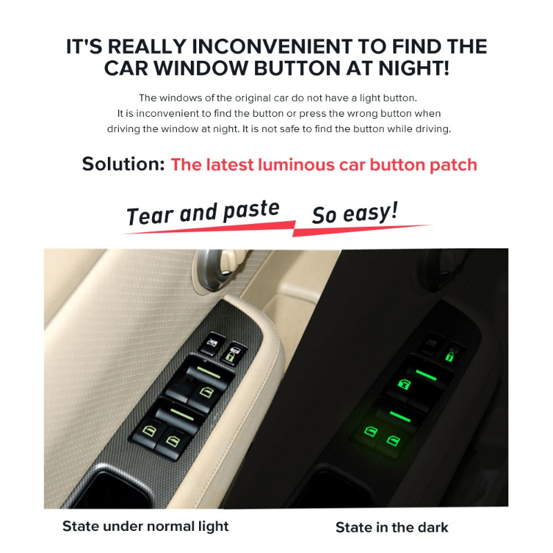 2pcs Car Window Button Luminous Sticker Switch Night Fluorescent Decals