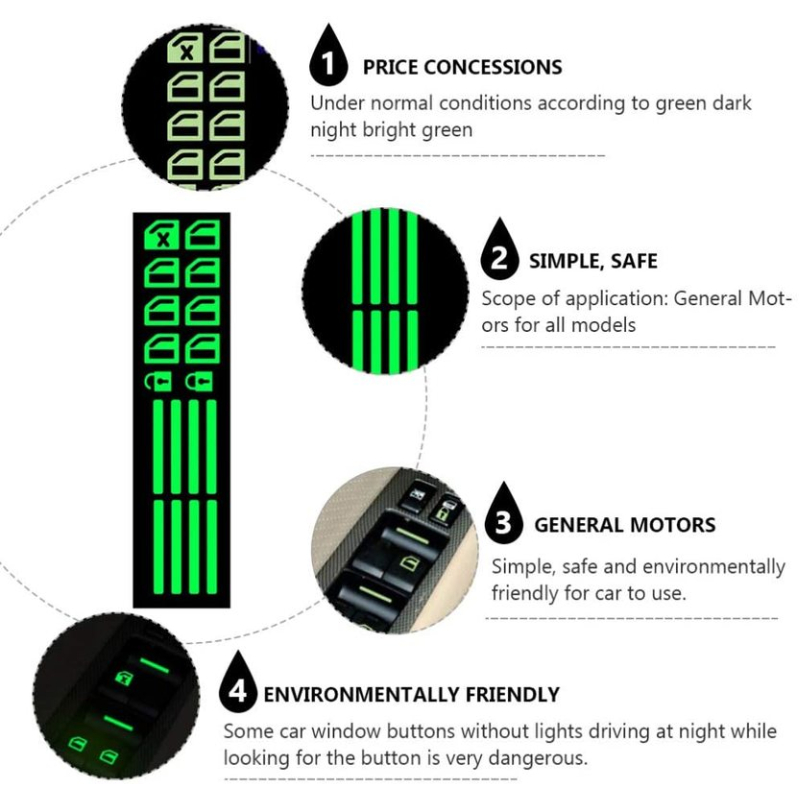 2pcs Car Window Button Luminous Sticker Switch Night Fluorescent Decals