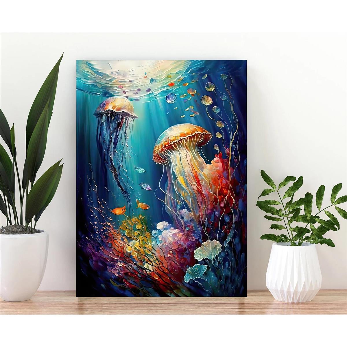 1pc Canvas Poster, Fantastic Art, Jelly Fish Art, Coral Print, Jewel Tone  Wall Art, Ocean Lover Gifts, Ideal Gift For Bedroom, Decor Wall Art, Wall De