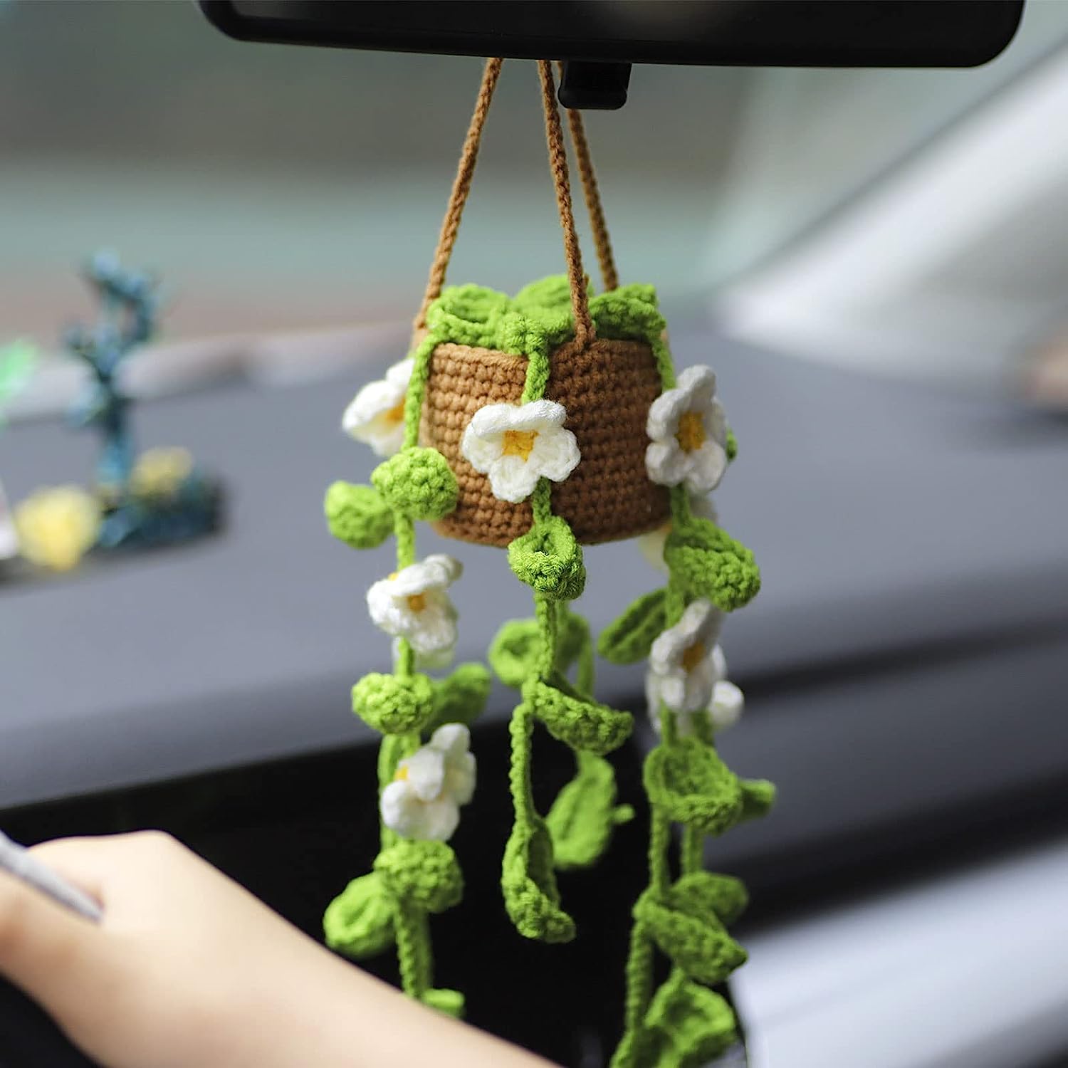 XhuangTech Cute Crochet Plant Car Mirror Hanging Accessories，Boho Car  Plants Crochet Rear View Mirror Accessories Plant Crochet Hanging Basket  Car