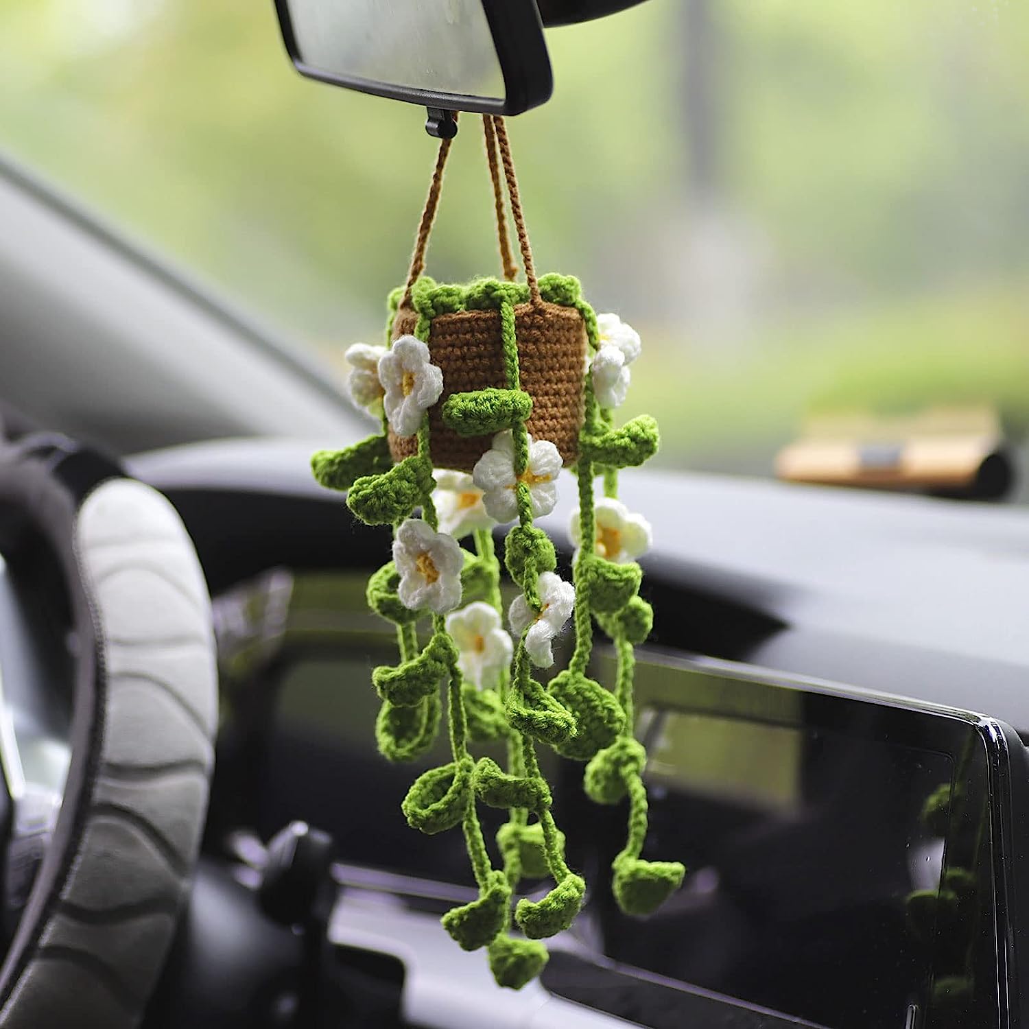 Agromusk Cute Crochet Plant Car Mirror Hanging Accessories,Boho Handmade Rear View Mirror Accessories for Women,Green Car Interior Aesthetic Decor