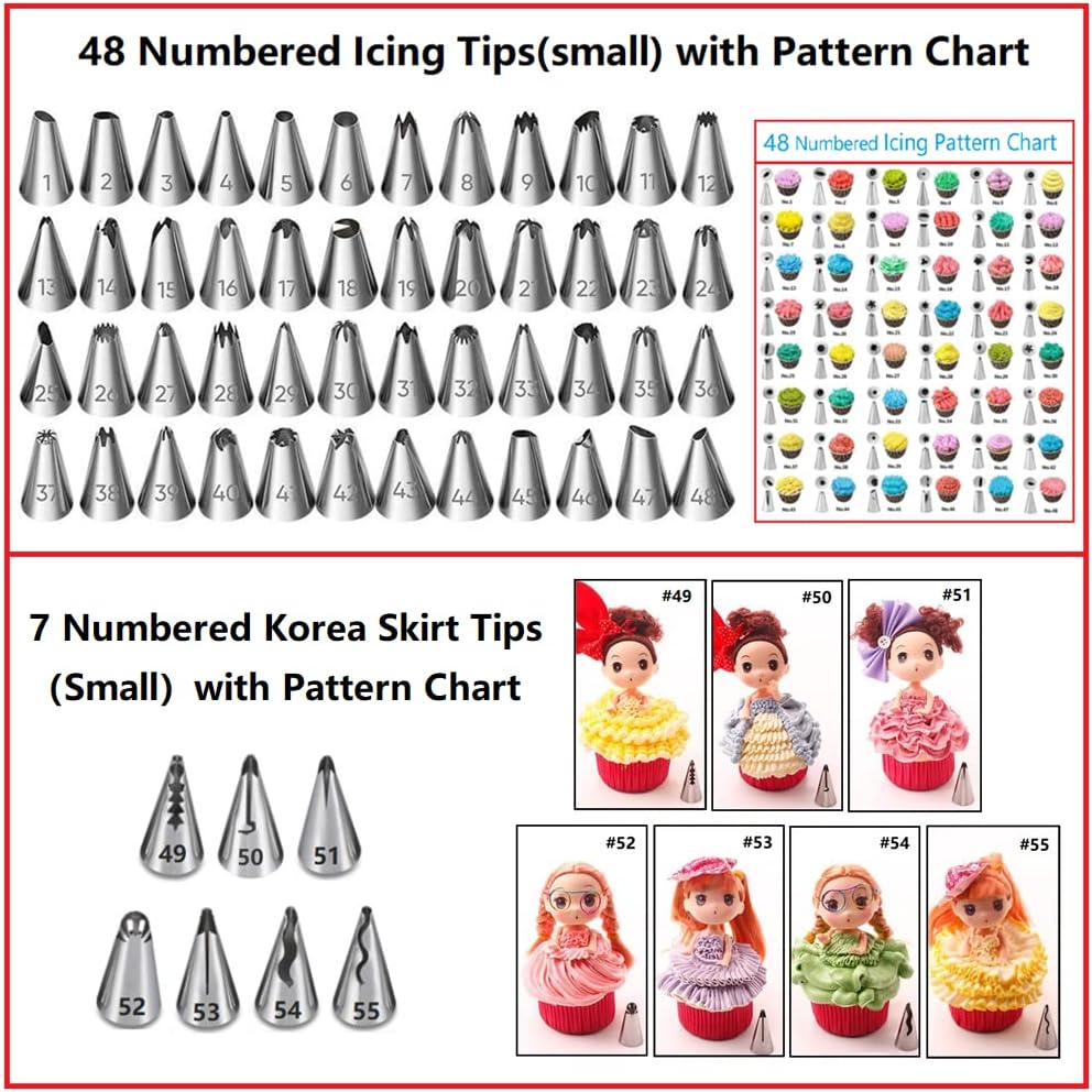 70 Pcs Cake Decorating Supplies Kit Baking Pastry Tools Set, 48 Numbered  Icing Tips with Pattern Chart, 6 Russian Piping Nozzles Tips, 6 Coupler and  Spatula for Baking Cupcake Cookie Baking Tools 