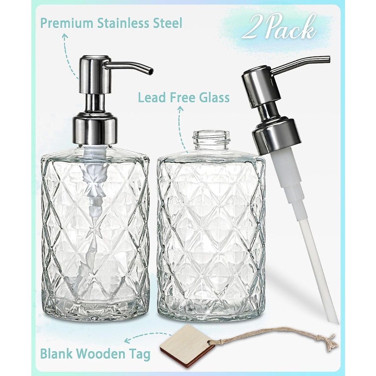EMPO Dispensador de jabón de vidrio transparente con bomba de plástico ABS,  dispensadores de loción de cristal para fregadero de cocina, baño (paquete