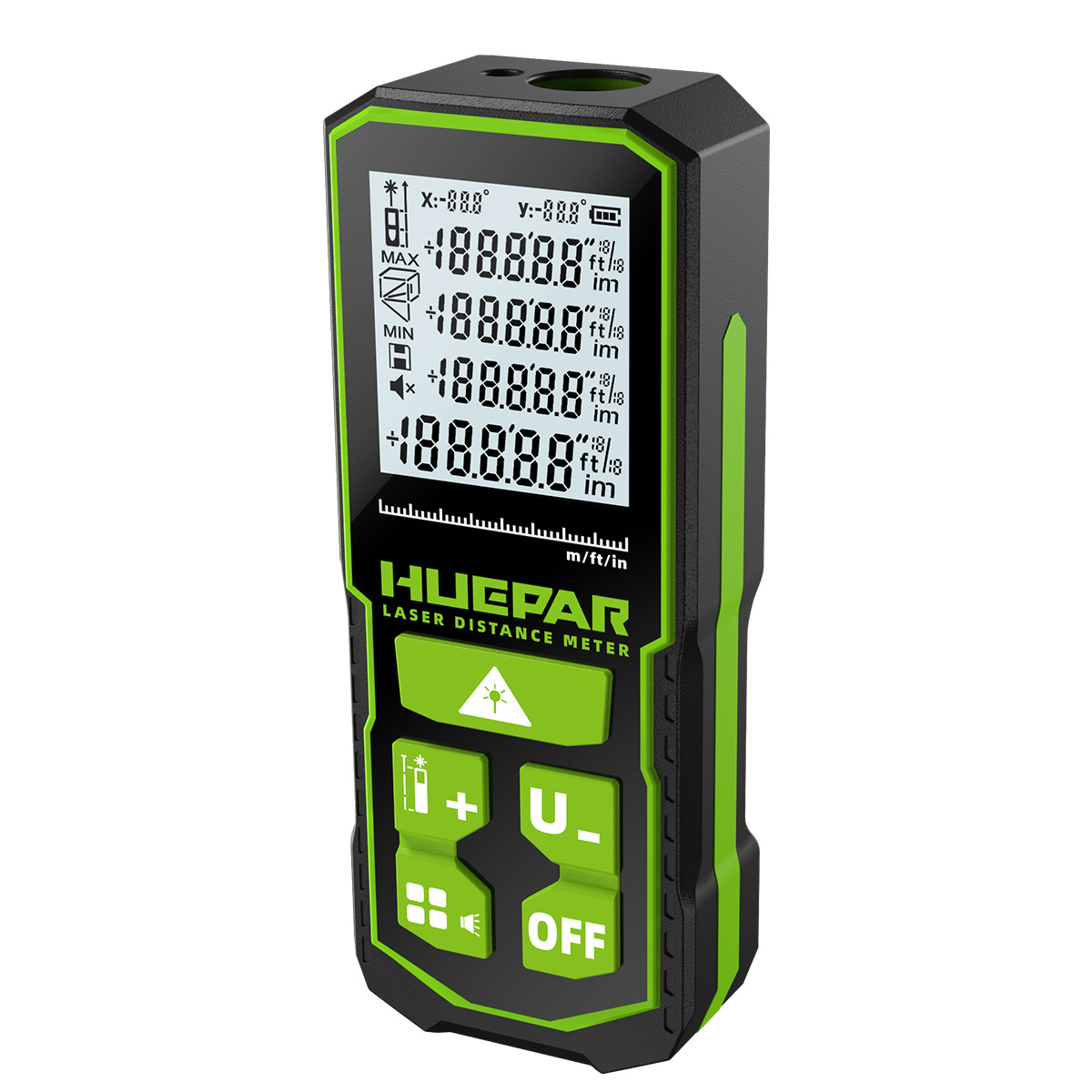 Medidor de Distancia láser Huepar 100M con batería Recargable y Pantalla de  Doble ángulo, Medidor láser M/in/Ft con función de Silencio y Modos de  medición múltiple, Pitágoras, Distancia - S100 : 