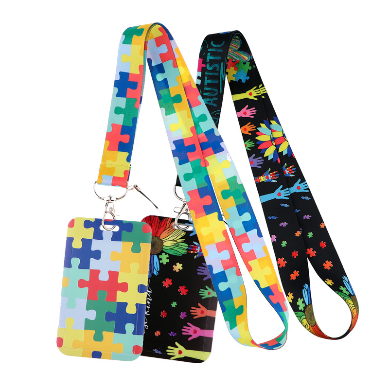  Autism Puzzle Pieces Badge Holder Lanyard Card ID Neck Straps  Keychain Pass Gym Mobile Key Holder Key Rings Jewelry Gifts : Office  Products