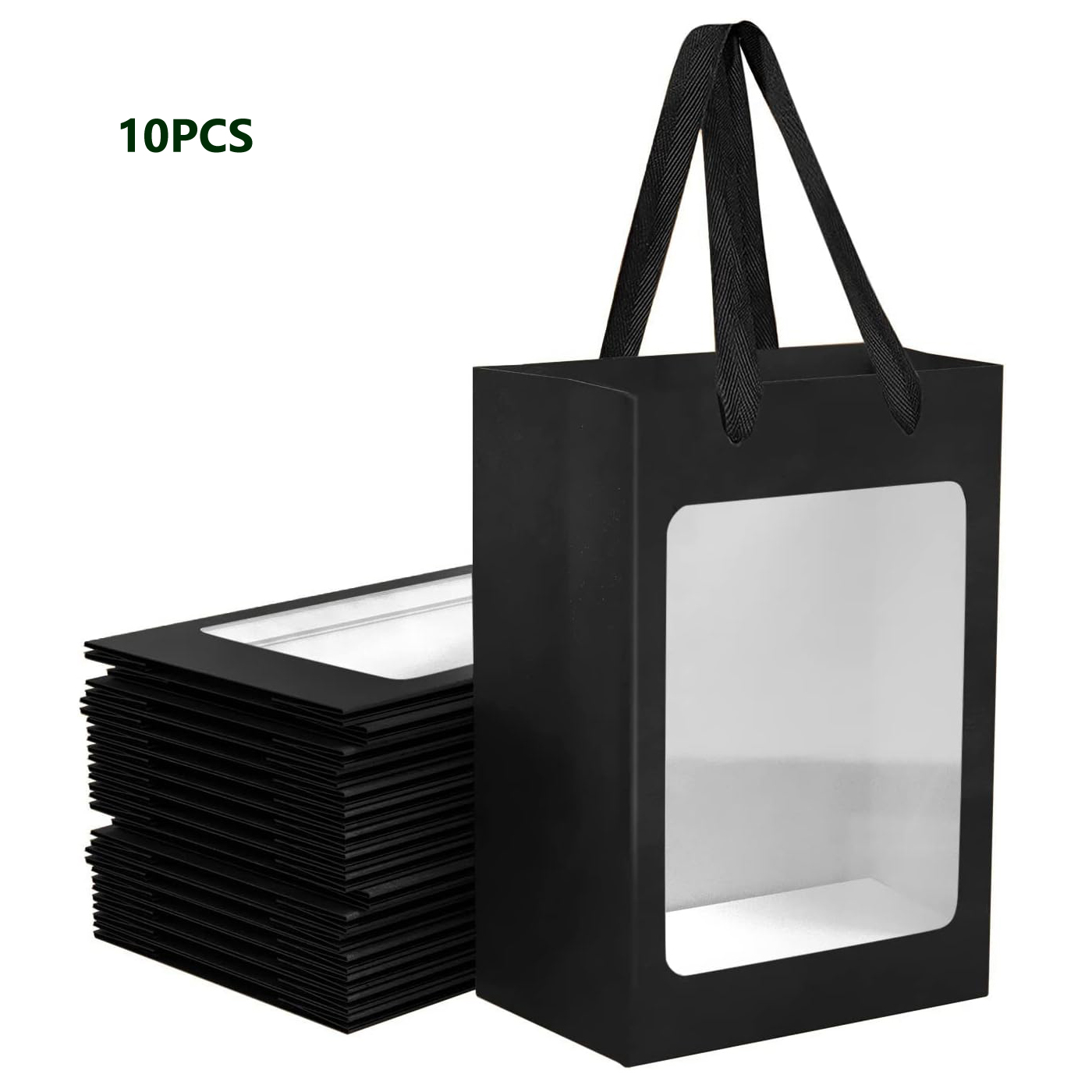 

10pcs Black Paper Gift Bags With Transparent Window, 9.84"x7.0"x5.12" Shopping Bags With Handles For Present, Festivals Party For Retail Stores, Boutique And Supermarkets