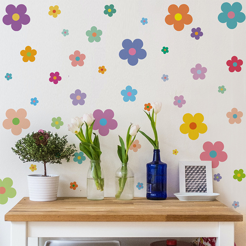 Stickers muraux colorés à petites fleurs pour chambre d'enfant, aménagement  de chevet, armoire, autocollants d'aménagement de classe de maternelle
