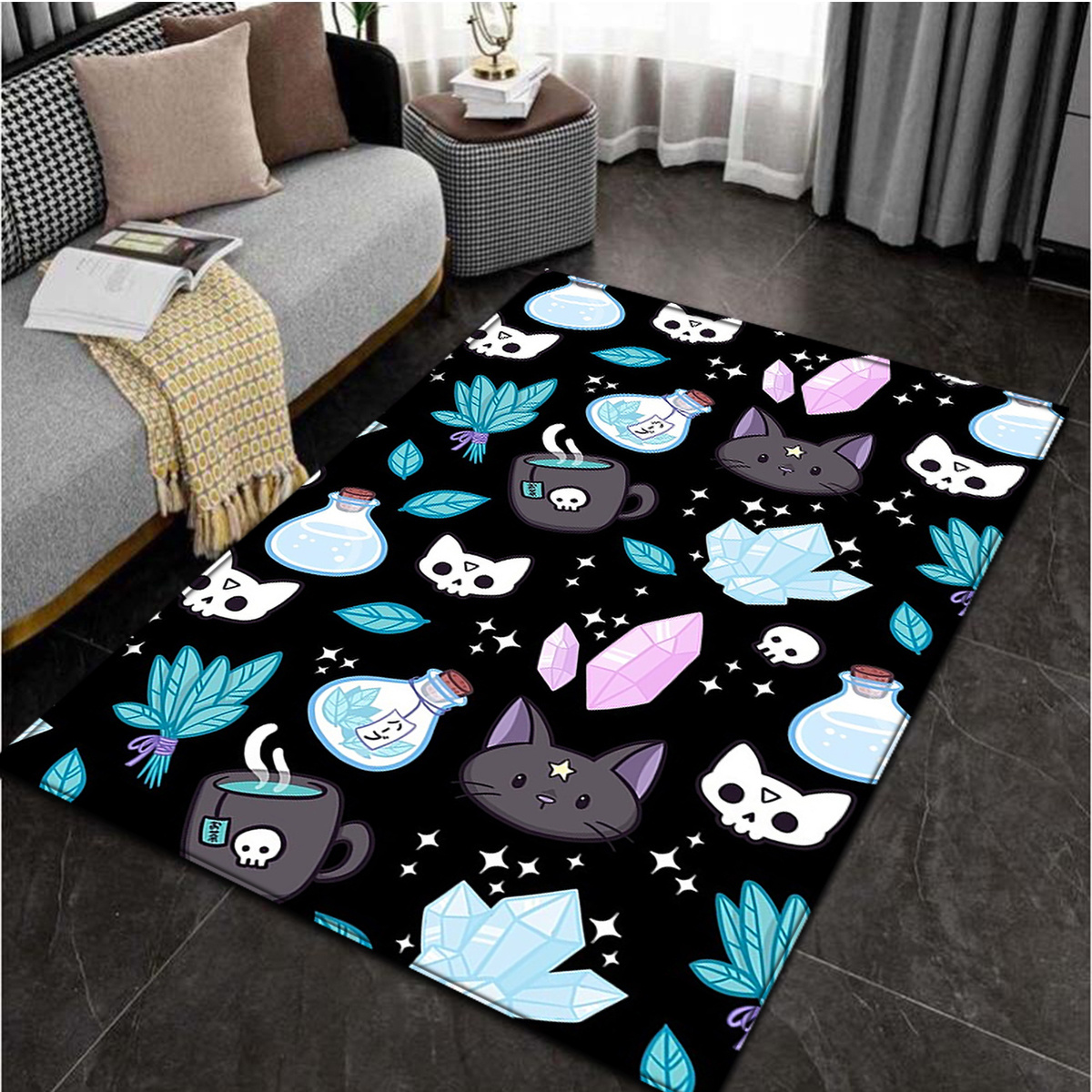 Gothic black cat area rug Halloween rug