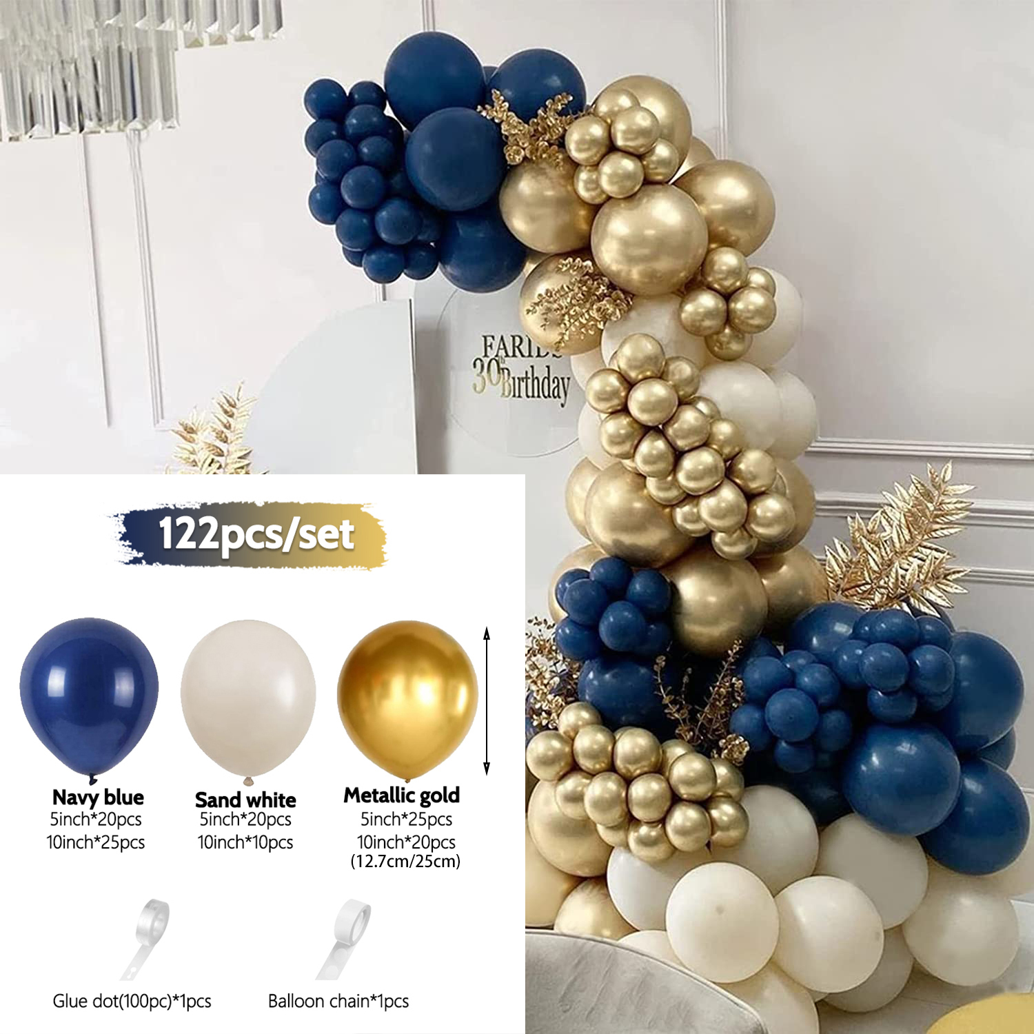  Kit de arco de guirnalda de globos azul polvoriento, 122  piezas, kit de arco de globos azul bebé, dorado y blanco, decoraciones de  baby shower para niños, suministros de decoración de