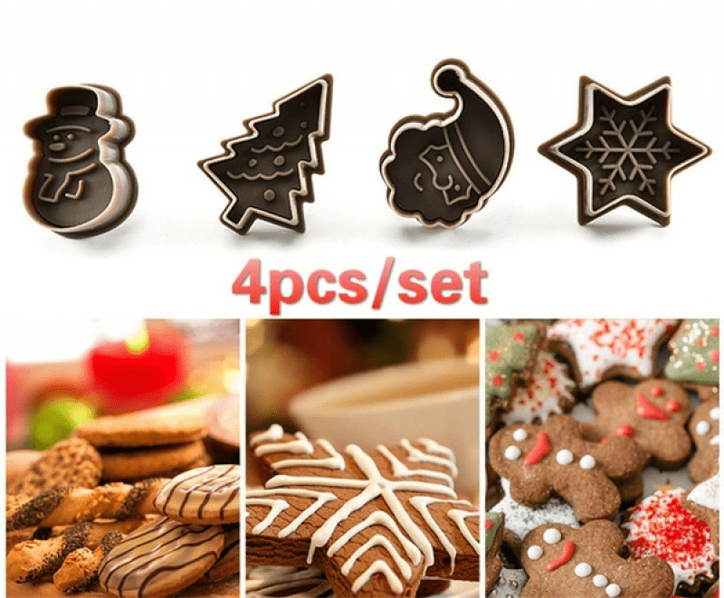 4pcs festive christmas cookie plunger cutters bake   snowman snowflake christmas tree and santa claus shaped   with   fun baking molds details 1