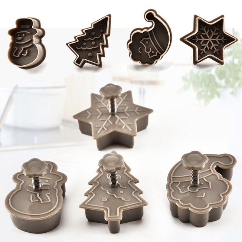 4pcs festive christmas cookie plunger cutters bake   snowman snowflake christmas tree and santa claus shaped   with   fun baking molds details 3