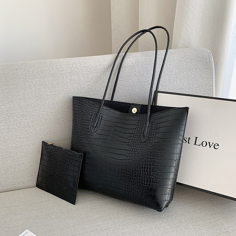 Black Leather-Look Embossed Logo Tote Bag