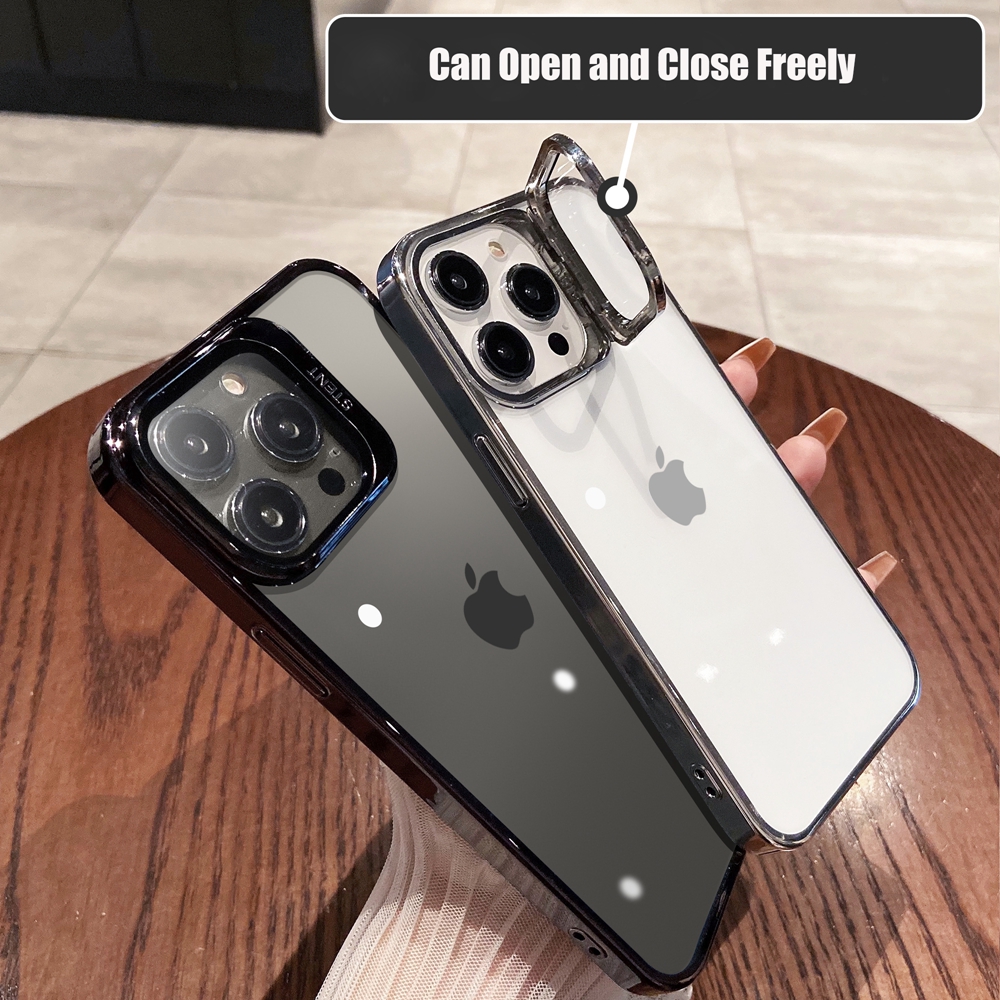 Luxury Stand Phone Case For Iphone 13 14 Pro Max 14Plus Glass Lens Film  Protection Plating Frame Holder Phone Shockproof Cover