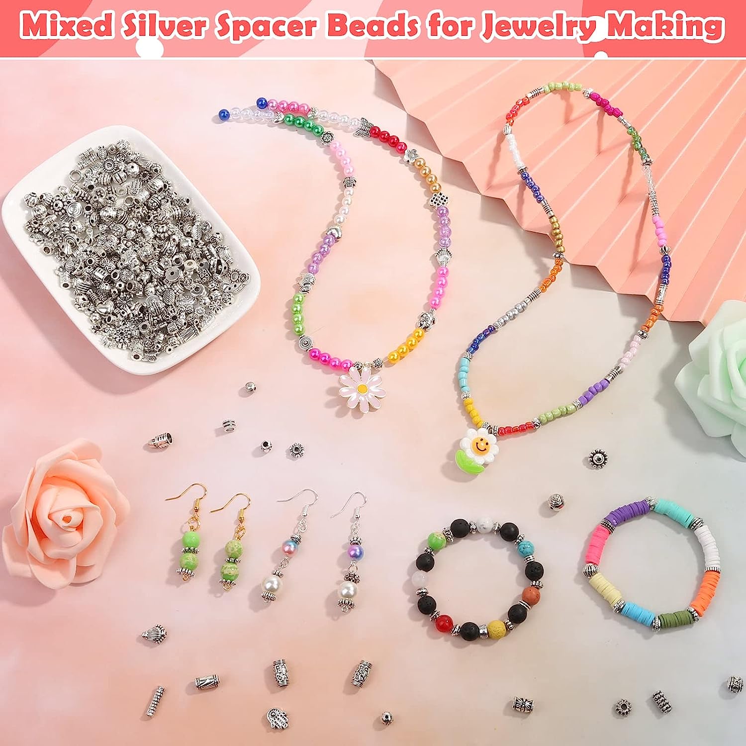  350 Pcs Silver Spacer Beads for Jewelry Making, Mixed