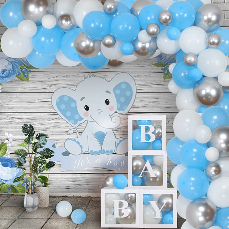 Decoraciones de elefante para baby shower para niño, kit de arco de  guirnalda de globos, fondo azul y gris, cajas de globos para baby shower