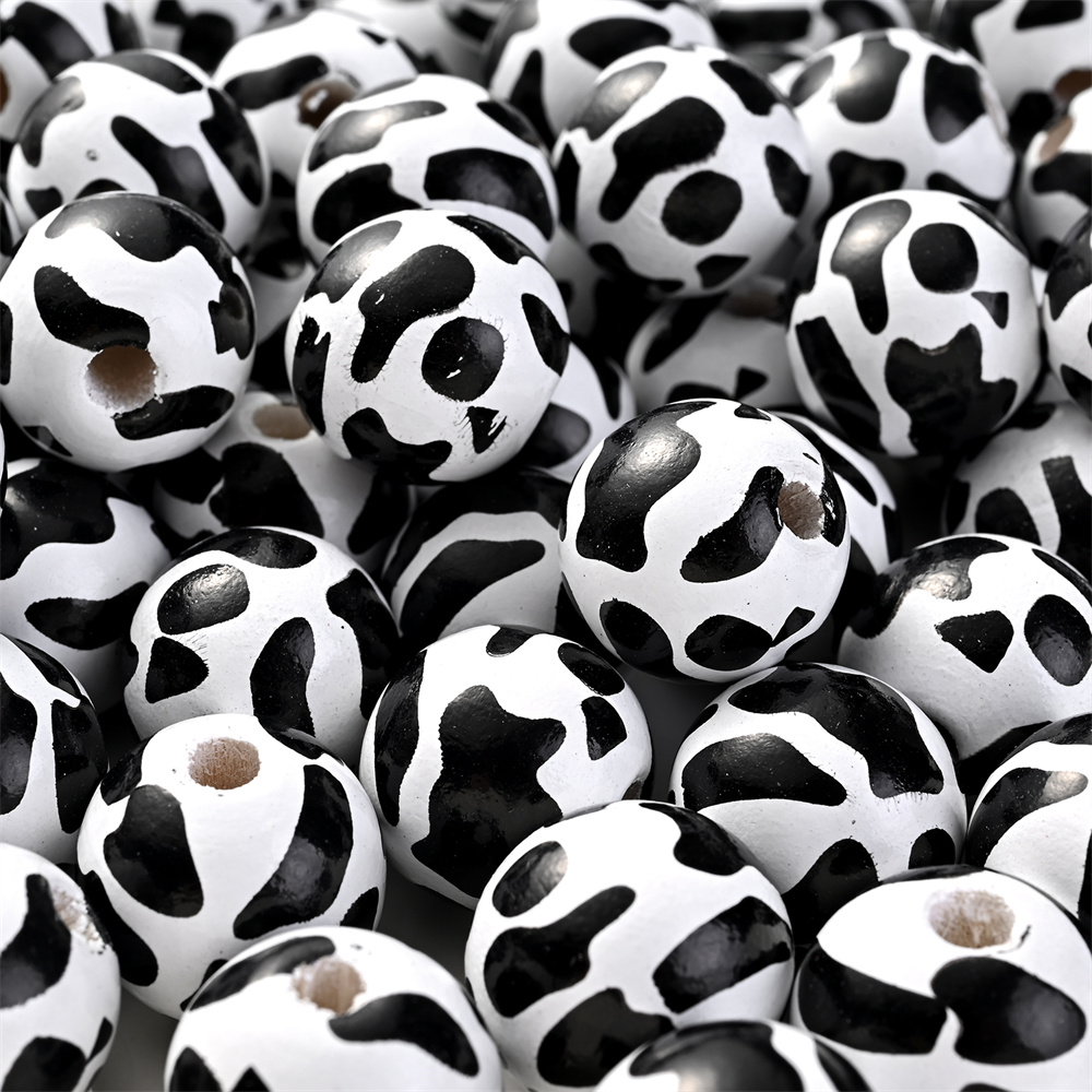 Cute Cow Leopard Print Beads White Black Wooden Round - Temu
