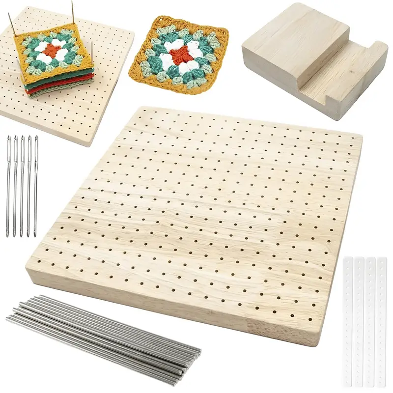 Wooden Blocking Board for Knitting Crochet Granny Squares Lovers with 20  Pcs Metal Rod Pins Sewing Needles Stand Included 27.5cm